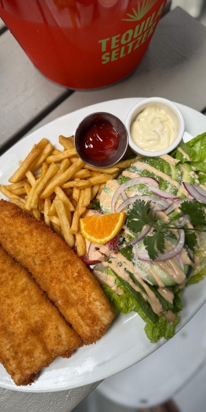 Fish and chips with fresh salad