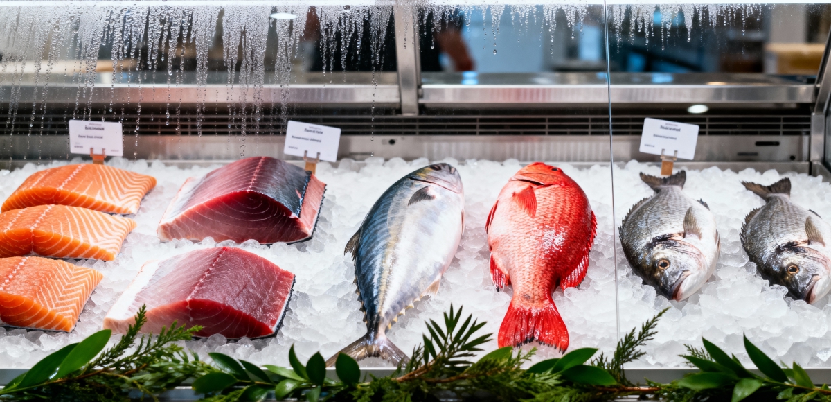 Assorted fresh fish and fillets displayed on ice at Makai Seafood Market in San Diego, including salmon, tuna, and snapper.