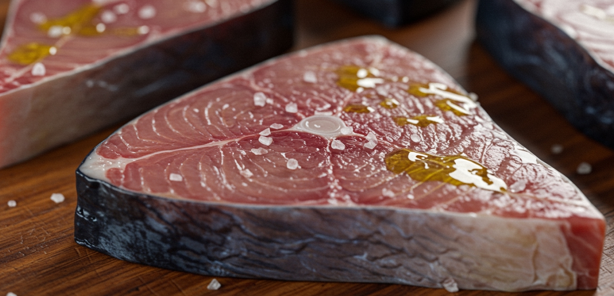 Close-up of raw swordfish steaks brushed with olive oil, showcasing firm texture and natural marbling on a wooden surface under soft light.