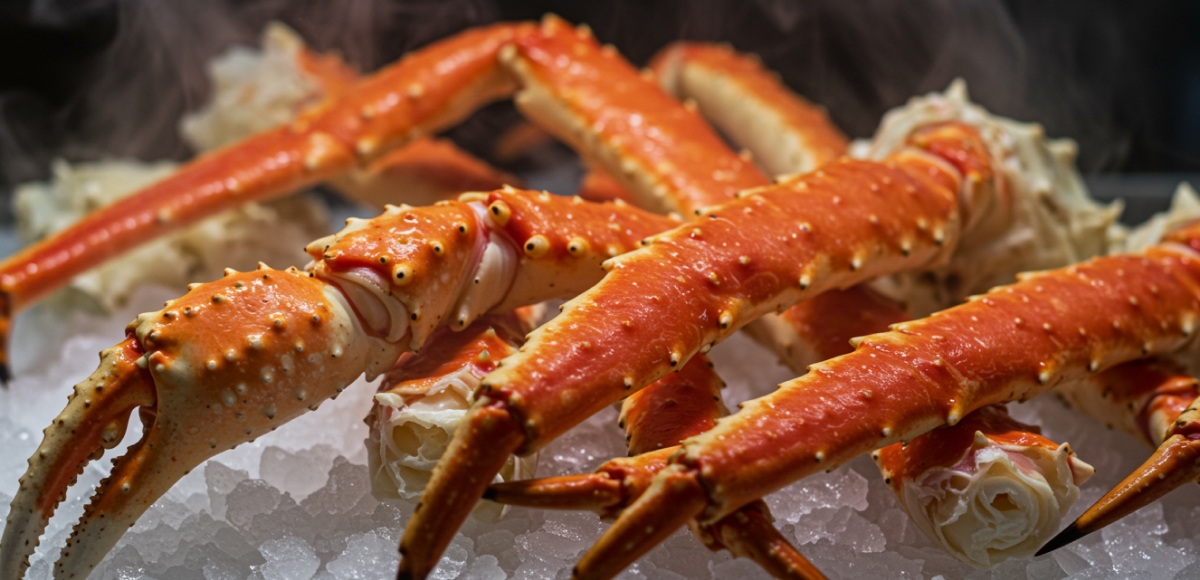 Cinematic photo of Alaskan king crab legs over crushed ice with visible steam, vibrant red-orange shell color and fine seafood presentation.