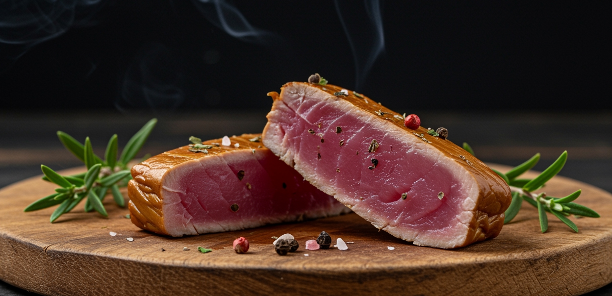 Gourmet smoked tuna loin sliced on a wooden board, releasing delicate smoke, garnished with rosemary and peppercorns, cinematic restaurant lighting.